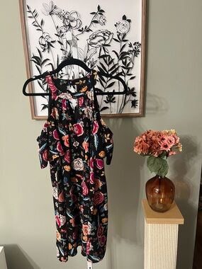 AS U WISH Black Floral Multicolor Cold Shoulder Ruffle Sleeve Lined Dress Size M
